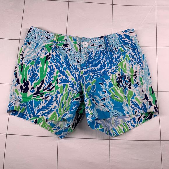Lilly Pulitzer Shorts Womens 0 Blue Green Let’s Cha Cha Preppy Sea Monogram - Picture 1 of 12